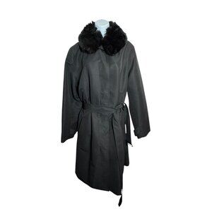 Ralph Lauren Womens size 3X black rain trench coat belted removable Fur Collar